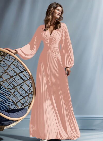 A-Line V-Neck Long Sleeves Floor-Length Chiffon Mother Of The Bride Dresses