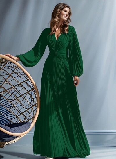 A-Line V-Neck Long Sleeves Floor-Length Chiffon Mother Of The Bride Dresses