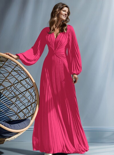 A-Line V-Neck Long Sleeves Floor-Length Chiffon Mother Of The Bride Dresses