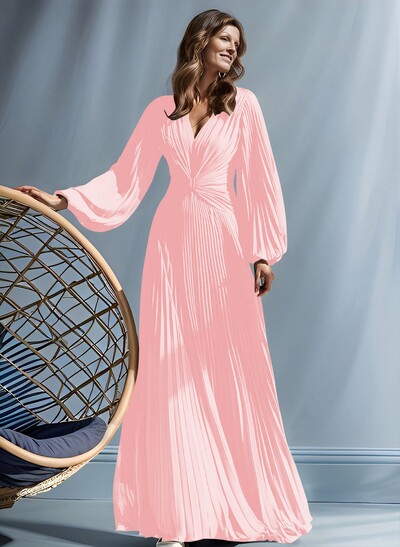 A-Line V-Neck Long Sleeves Floor-Length Chiffon Mother Of The Bride Dresses