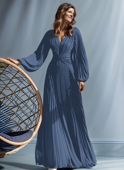 A-Line V-Neck Long Sleeves Floor-Length Chiffon Mother Of The Bride Dresses