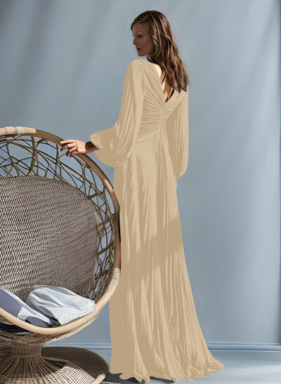 A-Line V-Neck Long Sleeves Floor-Length Chiffon Mother Of The Bride Dresses