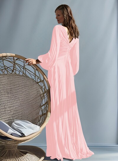 A-Line V-Neck Long Sleeves Floor-Length Chiffon Mother Of The Bride Dresses