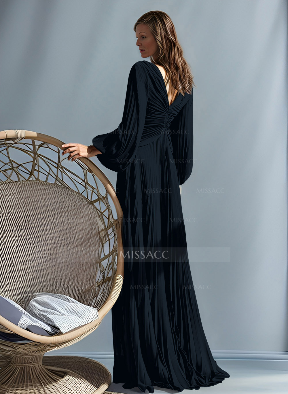 A-Line V-Neck Long Sleeves Floor-Length Chiffon Mother Of The Bride Dresses