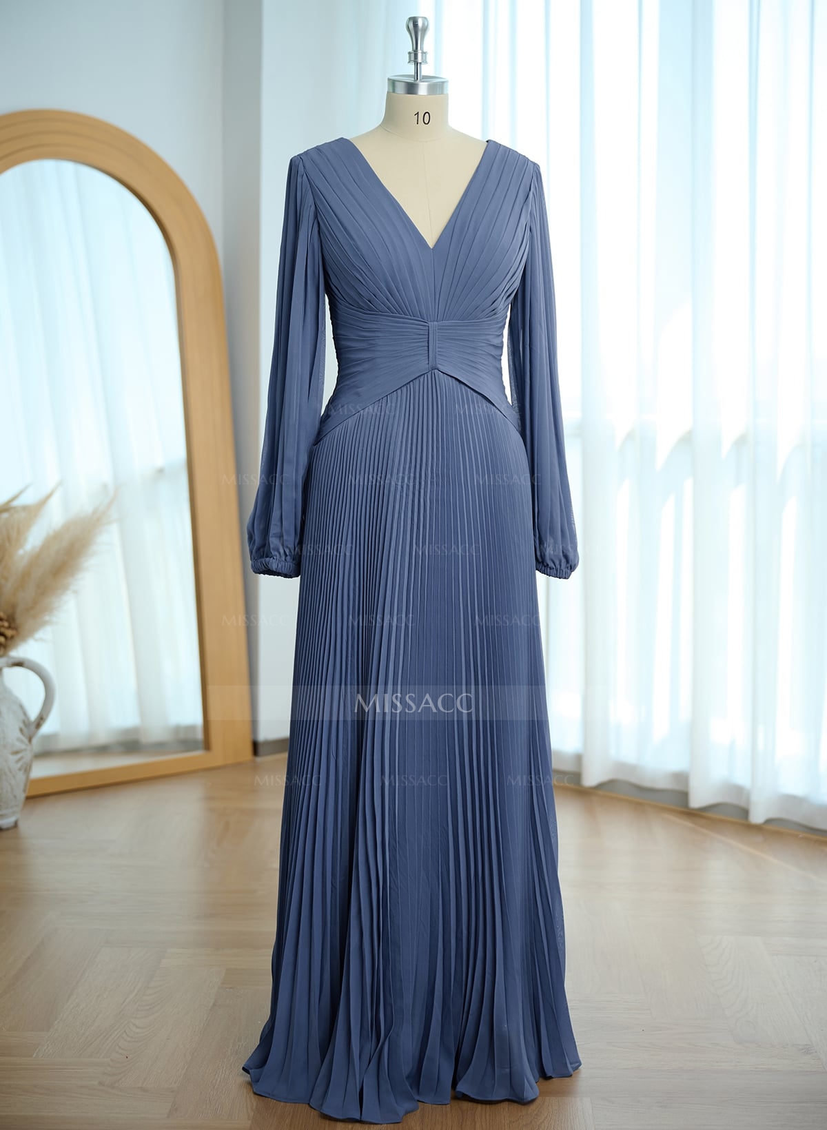 A-Line V-Neck Long Sleeves Floor-Length Chiffon Mother Of The Bride Dresses