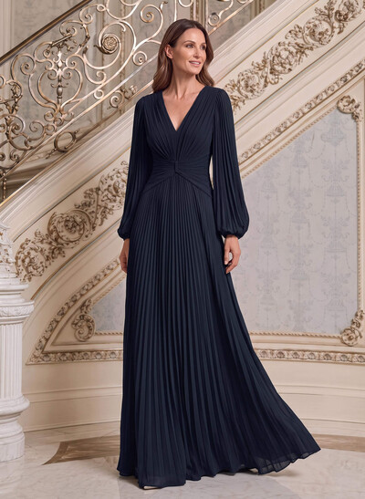 A-Line V-Neck Long Sleeve Floor-Length Chiffon Mother Of The Bride Dresses