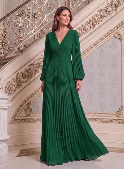 A-Line V-Neck Long Sleeves Floor-Length Chiffon Mother Of The Bride Dresses