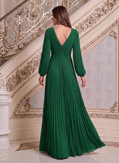 A-Line V-Neck Long Sleeves Floor-Length Chiffon Mother Of The Bride Dresses