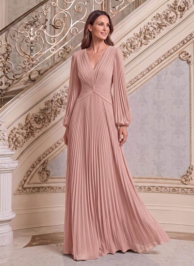 A-Line V-Neck Long Sleeve Maxi Chiffon Mother Of The Bride Dresses