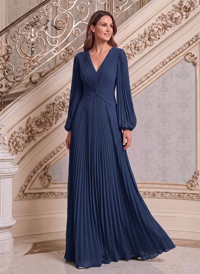 A-Line V-Neck Long Sleeves Floor-Length Chiffon Mother Of The Bride Dresses