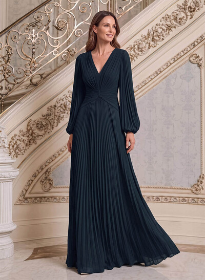 A-Line V-Neck Long Sleeve Maxi Chiffon Mother Of The Bride Dresses