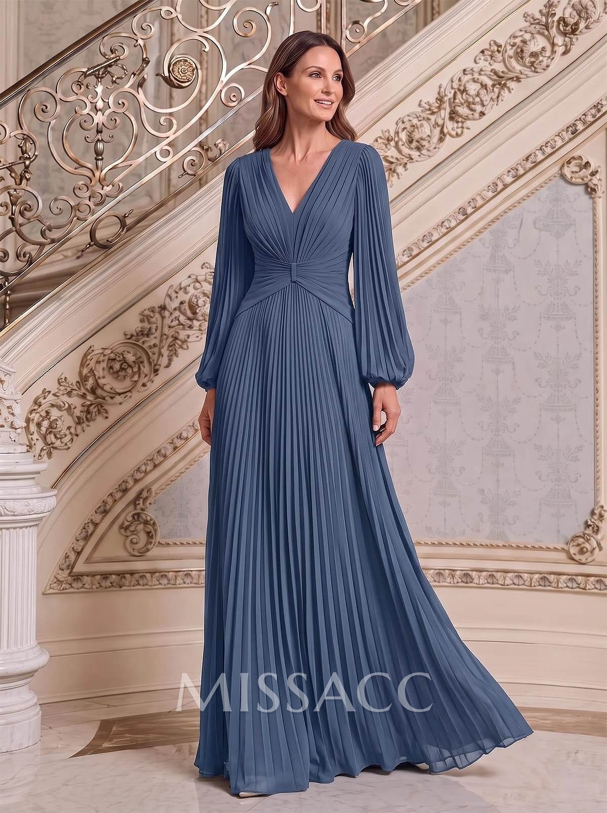 A-Line V-Neck Long Sleeves Floor-Length Chiffon Mother Of The Bride Dresses