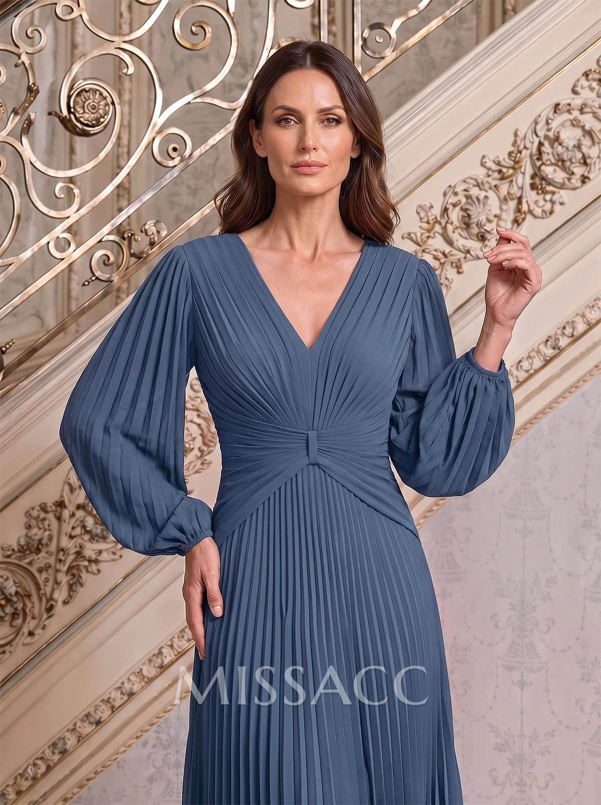 A-Line V-Neck Long Sleeves Floor-Length Chiffon Mother Of The Bride Dresses