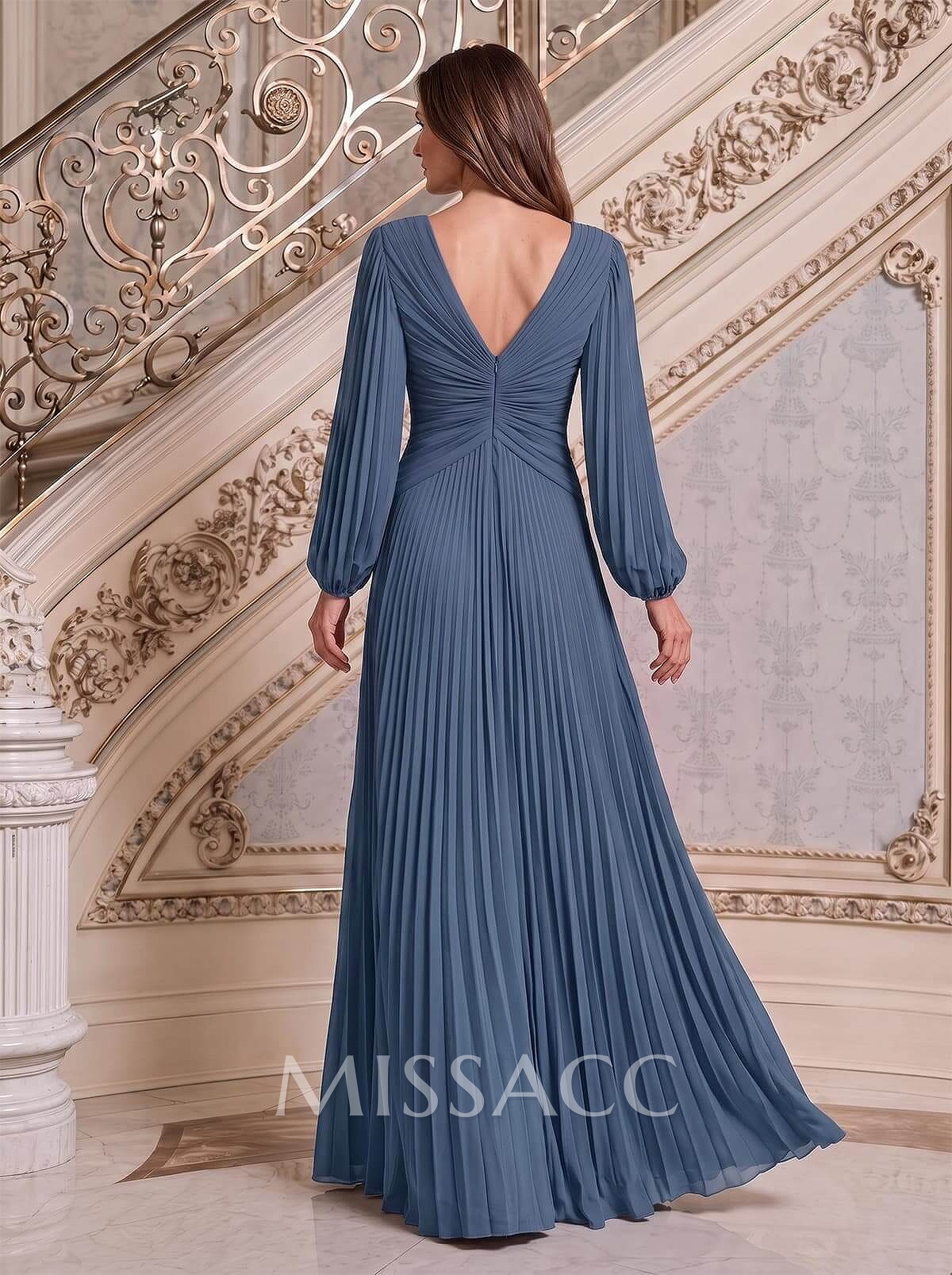 A-Line V-Neck Long Sleeves Floor-Length Chiffon Mother Of The Bride Dresses