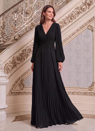 A-Line V-Neck Long Sleeve Maxi Chiffon Mother Of The Bride Dresses