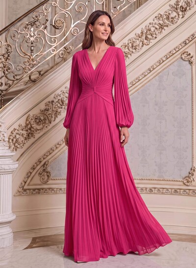 A-Line V-Neck Long Sleeves Floor-Length Chiffon Mother Of The Bride Dresses
