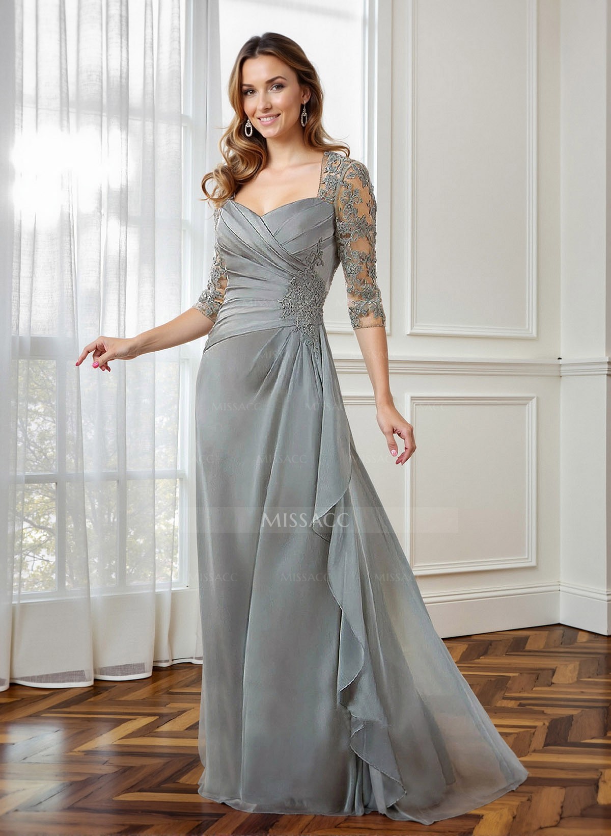 Sheath/Column Square Neckline 3/4 Sleeves Lace/Tulle Mother Of The Bride Dresses