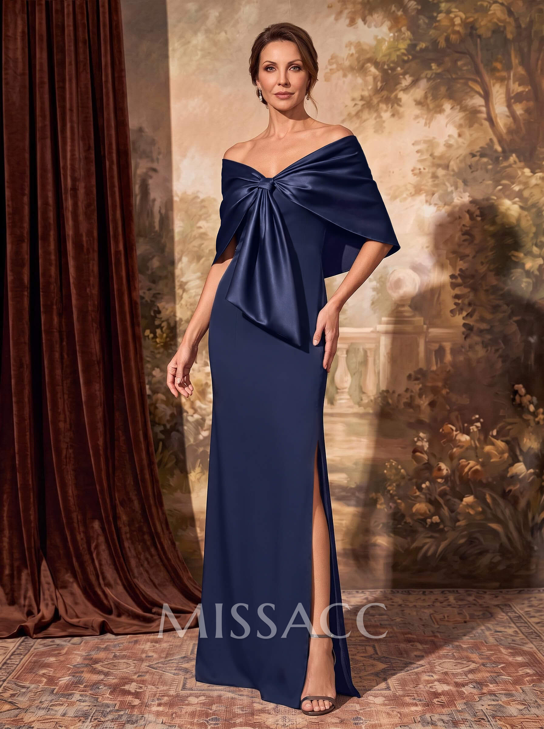 Sheath/Column Off-The-Shoulder Satin/Jersey Mother Of The Bride Dresses With Bows