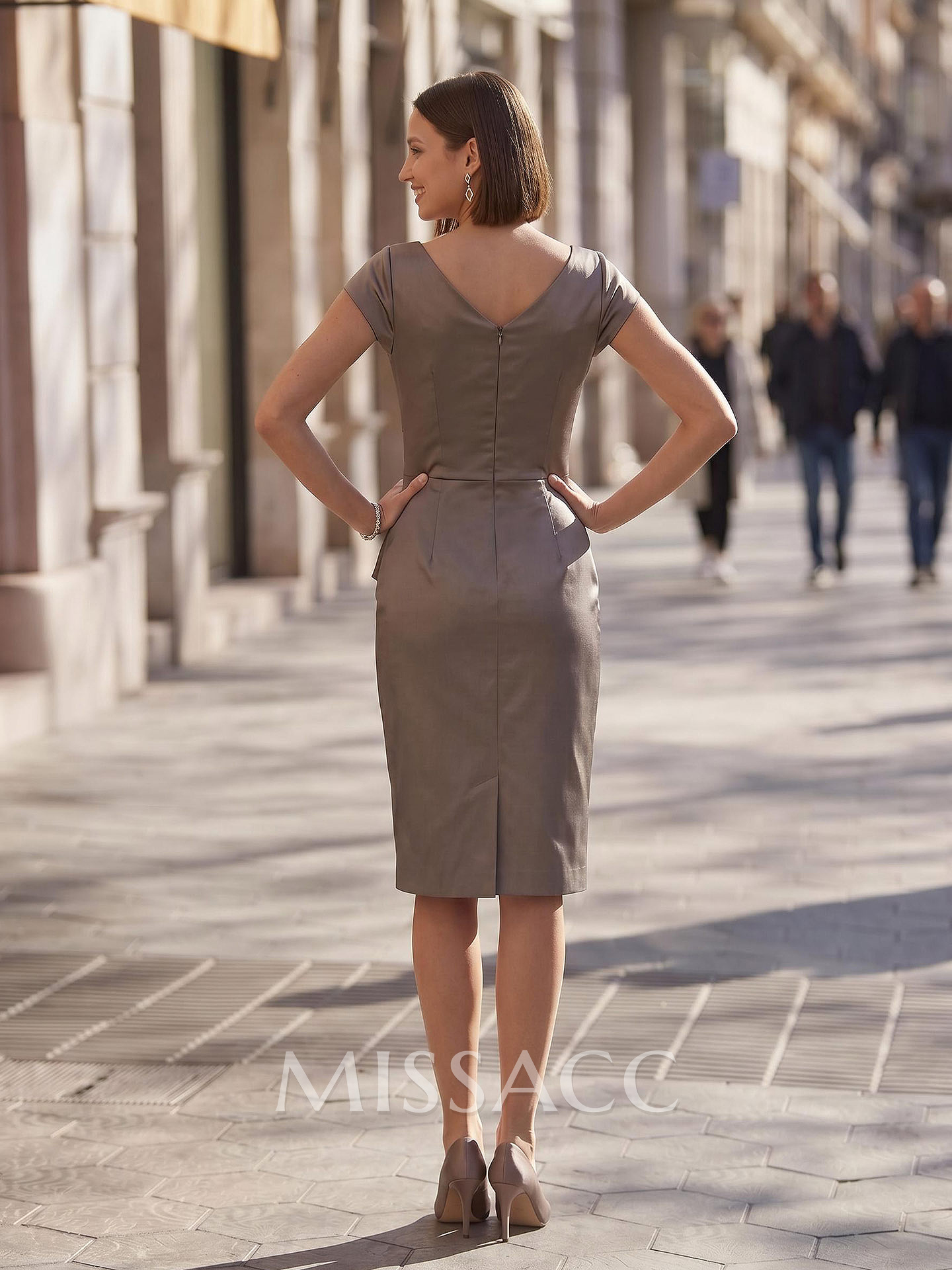 Sheath V-Neck Short Sleeves Knee-Length Satin Mother Of The Bride Dresses With Cascading Ruffles
