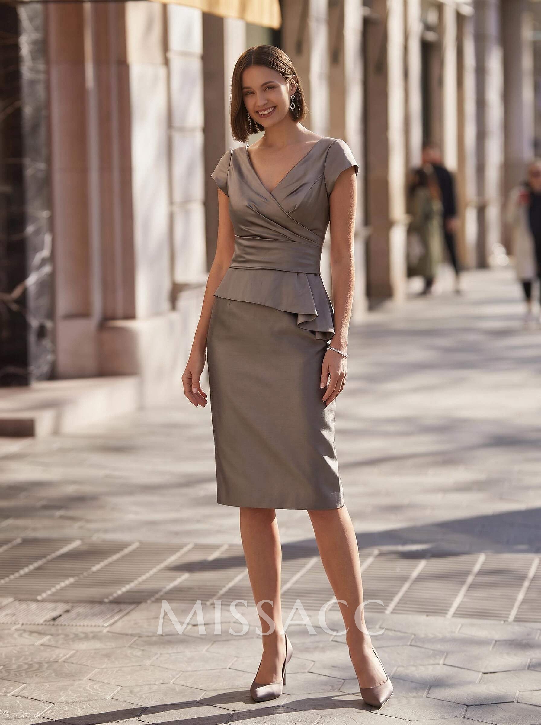 Sheath V-Neck Short Sleeves Knee-Length Satin Mother Of The Bride Dresses With Cascading Ruffles