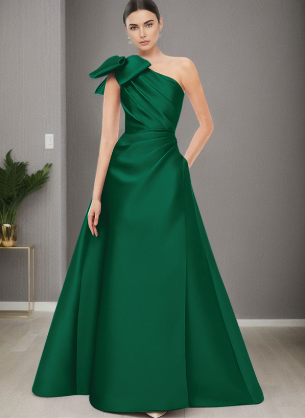 A-Line One-Shoulder Satin Evening Dresses With Bow(s)/Pockets