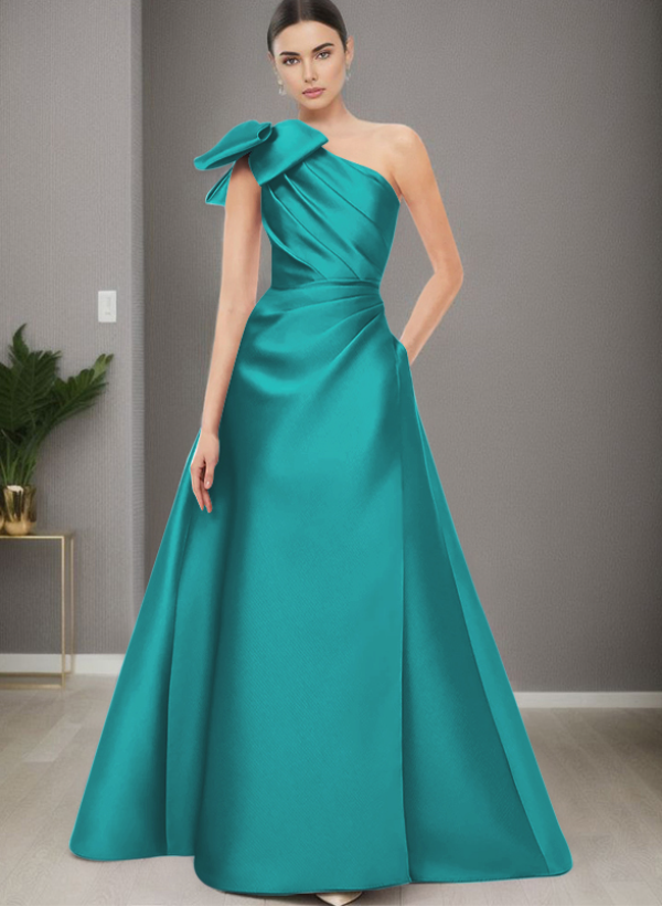 A-Line One-Shoulder Satin Evening Dresses With Bow(s)/Pockets
