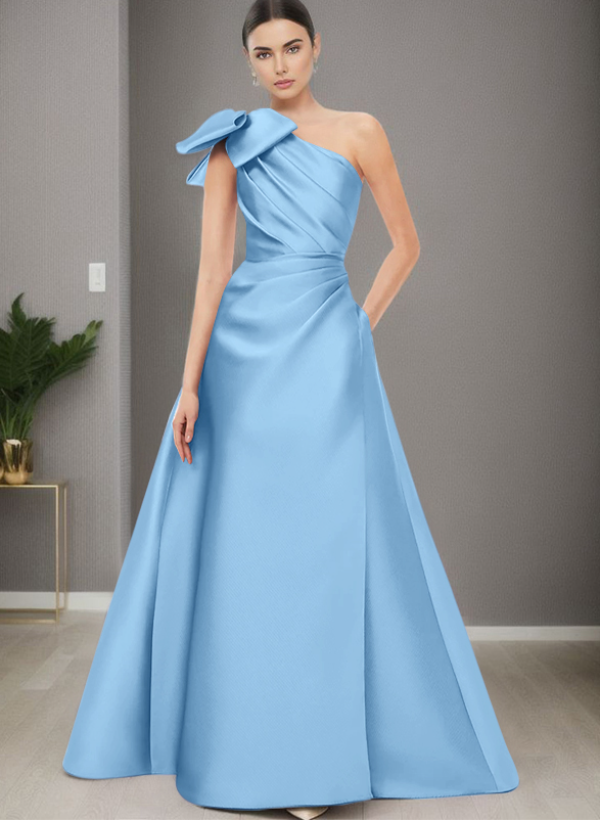 A-Line One-Shoulder Satin Evening Dresses With Bow(s)/Pockets