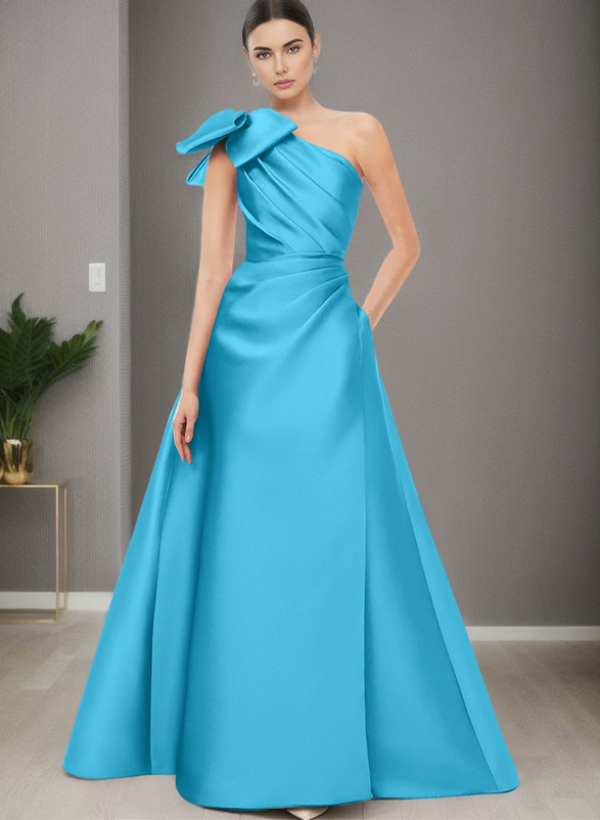 A-Line One-Shoulder Satin Evening Dresses With Bow(s)/Pockets