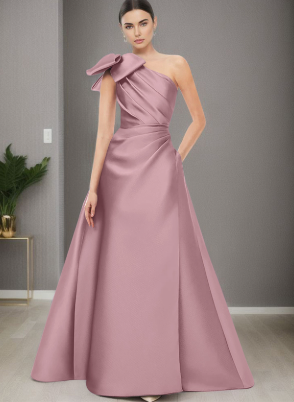 A-Line One-Shoulder Satin Evening Dresses With Bow(s)/Pockets