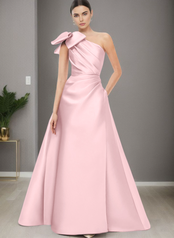 A-Line One-Shoulder Satin Evening Dresses With Bow(s)/Pockets