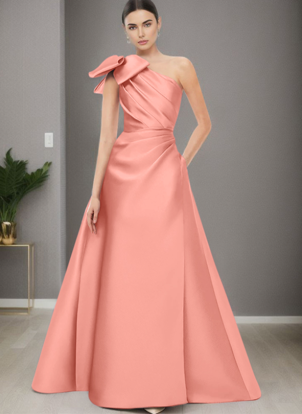 A-Line One-Shoulder Satin Evening Dresses With Bow(s)/Pockets