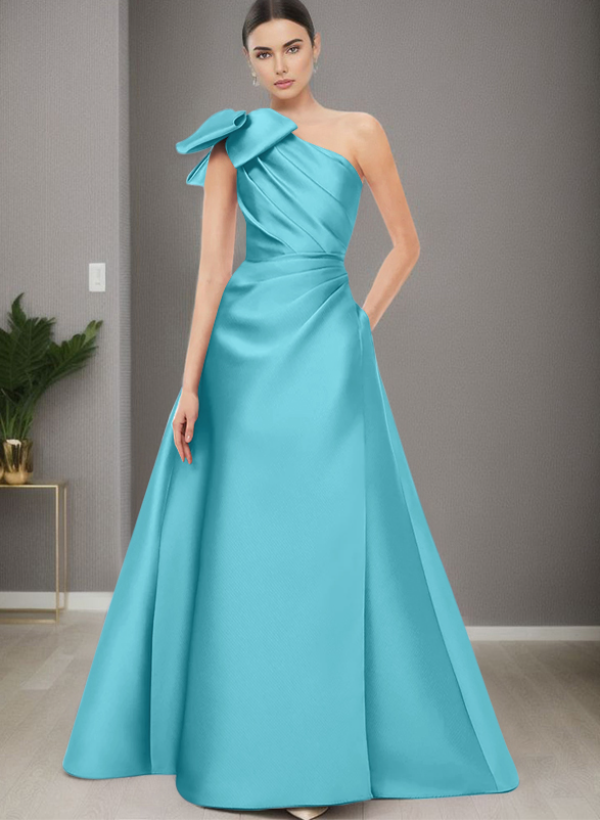 A-Line One-Shoulder Satin Evening Dresses With Bow(s)/Pockets