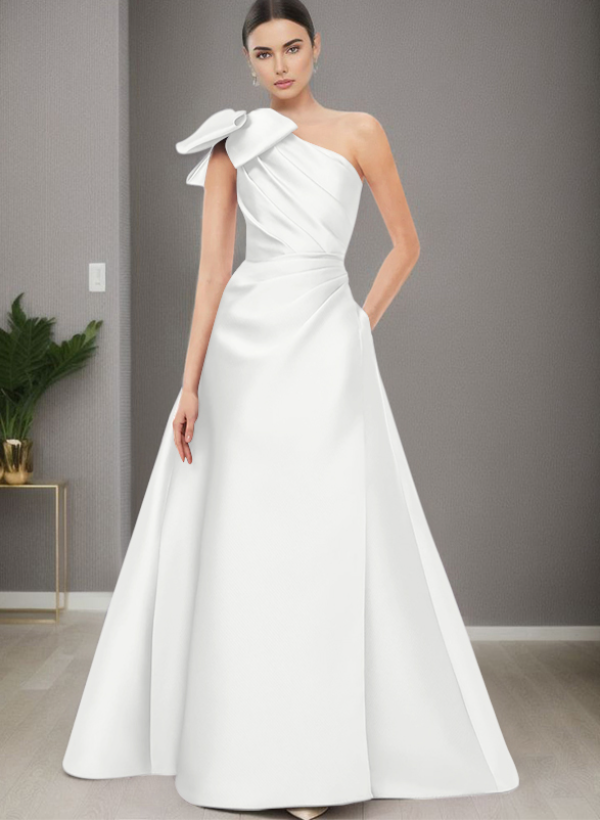 A-Line One-Shoulder Satin Evening Dresses With Bow(s)/Pockets
