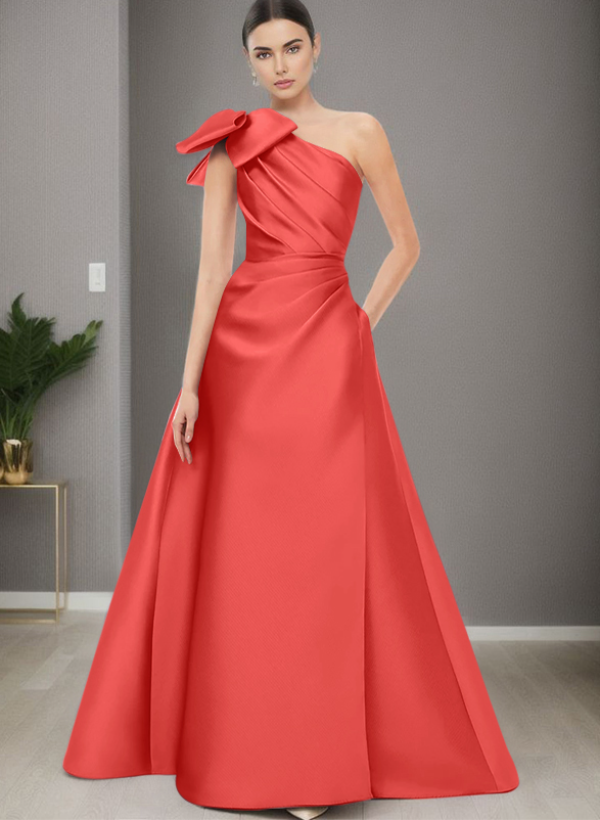 A-Line One-Shoulder Satin Evening Dresses With Bow(s)/Pockets