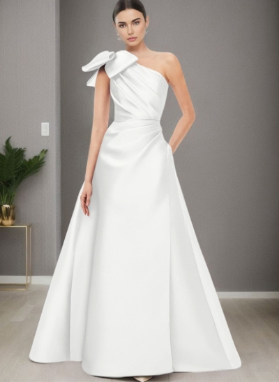A-Line One-Shoulder Satin Mother Of The Bride Dresses With Bow(s)/Pockets