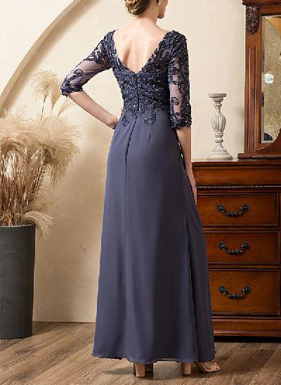 A-Line Illusion Neck 1/2 Sleeves Floor-Length Chiffon Mother Of The Bride Dresses