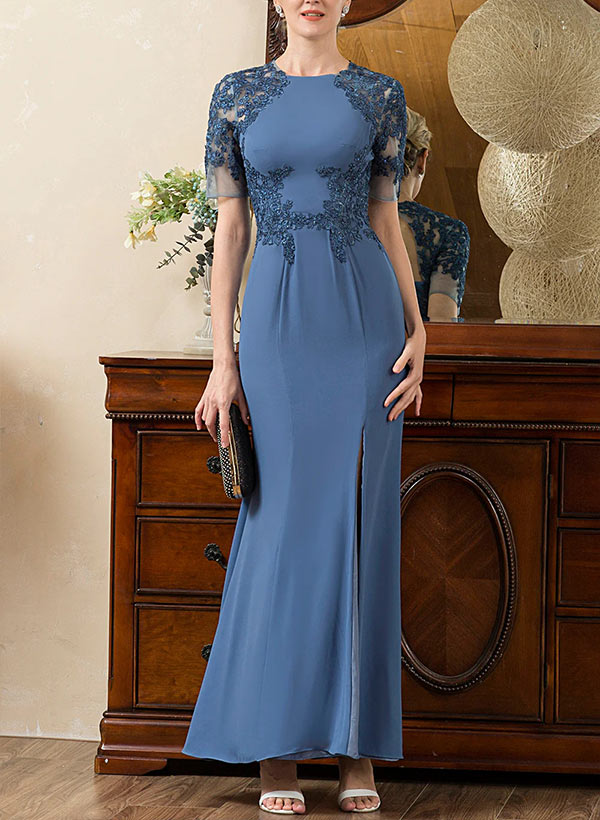 Sheath Scoop Neck Short Sleeves Floor-Length Chiffon Mother Of The Bride Dresses With Appliques Lace