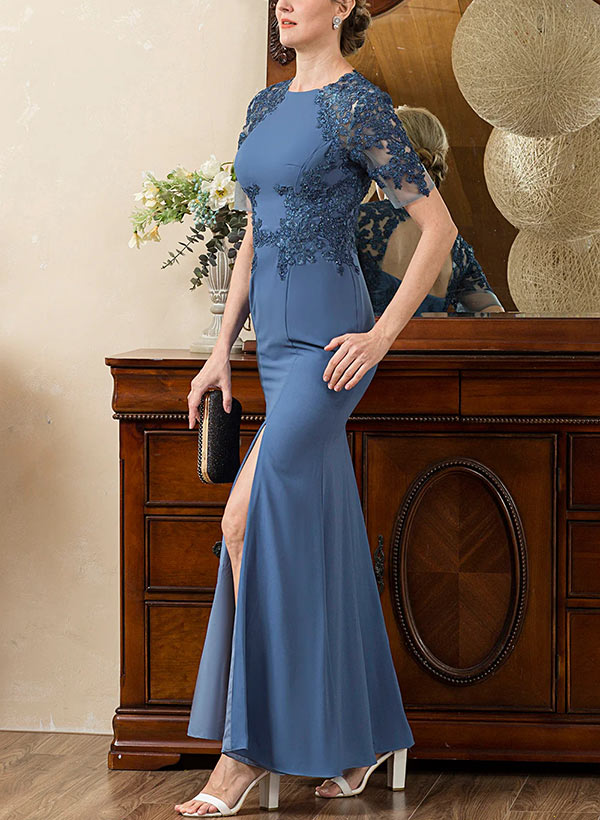 Sheath Scoop Neck Short Sleeves Floor-Length Chiffon Mother Of The Bride Dresses With Appliques Lace