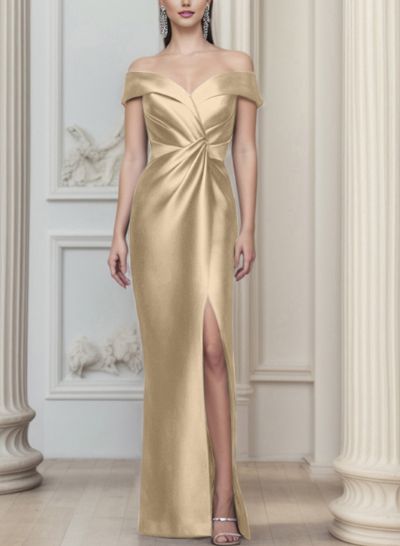 Sheath/Column Off-The-Shoulder Satin Mother Of The Bride Dresses With Split Front