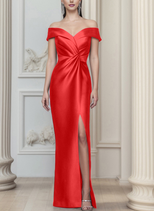 Sheath/Column Off-The-Shoulder Satin Mother Of The Bride Dresses With Split Front