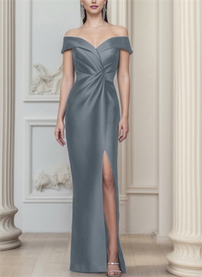 Sheath/Column Off-The-Shoulder Satin Mother Of The Bride Dresses With Split Front