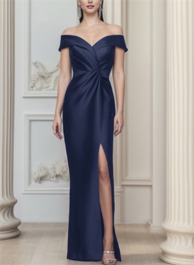 Sheath/Column Off-The-Shoulder Satin Mother Of The Bride Dresses With Split Front