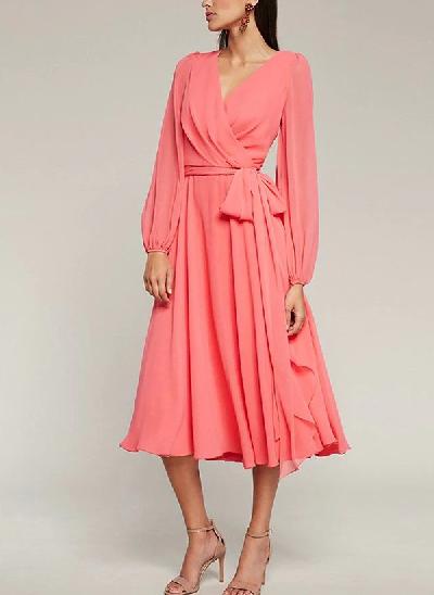 A-Line V-Neck Long Sleeves Chiffon Mother Of The Bride Dresses With Ruffle