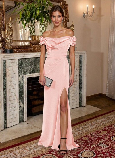 Sheath/Column Off-The-Shoulde Elastic Satin Mother Of The Bride Dresses With Split Front