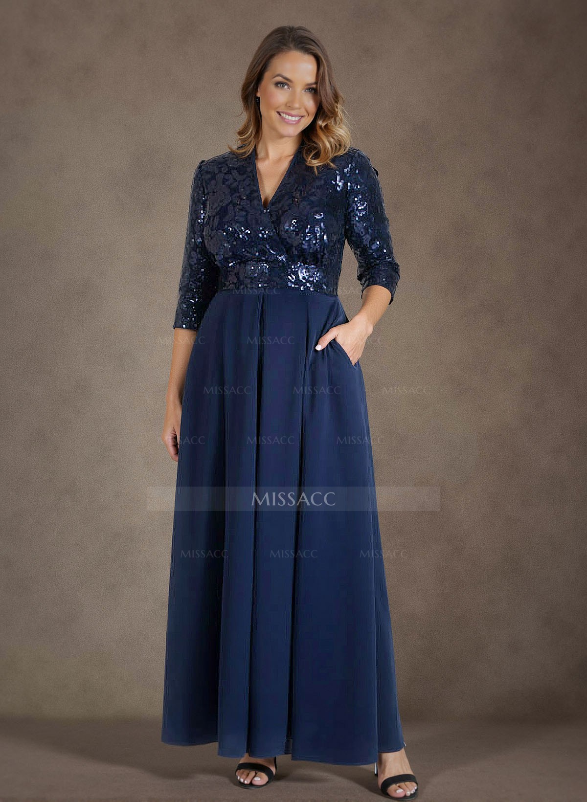 A-Line V-Neck 1/2 Sleeves Chiffon/Lace Mother Of The Bride Dresses With Pockets