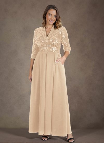 A-Line V-Neck 1/2 Sleeves Chiffon/Lace Mother Of The Bride Dresses With Pockets