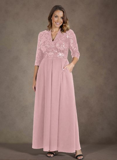 A-Line V-Neck 1/2 Sleeves Chiffon/Lace Mother Of The Bride Dresses With Pockets