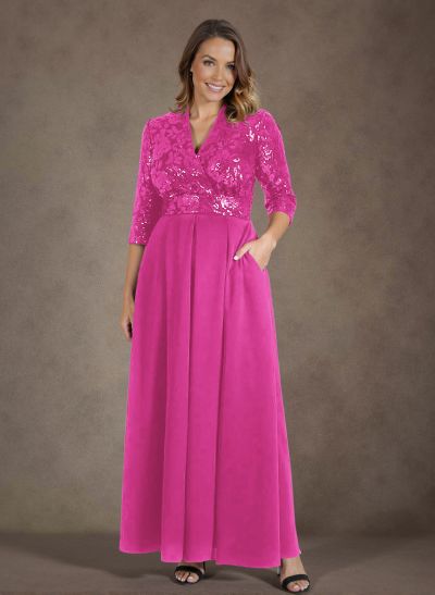 A-Line V-Neck 1/2 Sleeves Chiffon/Lace Mother Of The Bride Dresses With Pockets