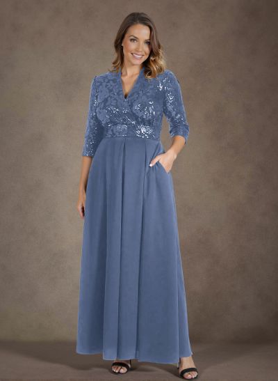 A-Line V-Neck 1/2 Sleeves Chiffon/Lace Mother Of The Bride Dresses With Pockets