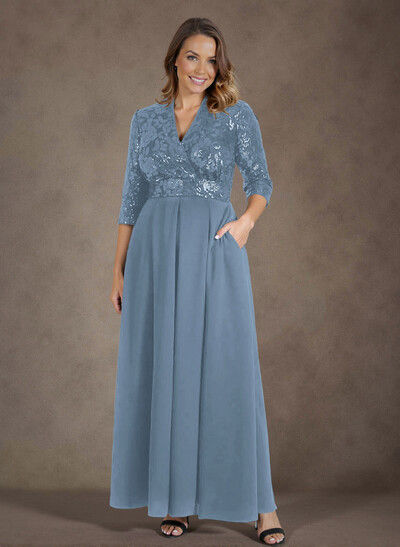 A-Line V-Neck 1/2 Sleeves Chiffon/Lace Mother Of The Bride Dresses With Pockets